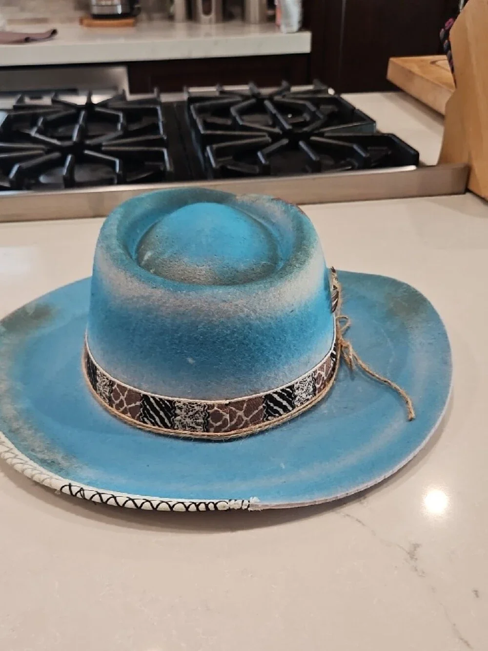 Turquoise Felt Western/ Fedora Hat with Patterned Band and Feather